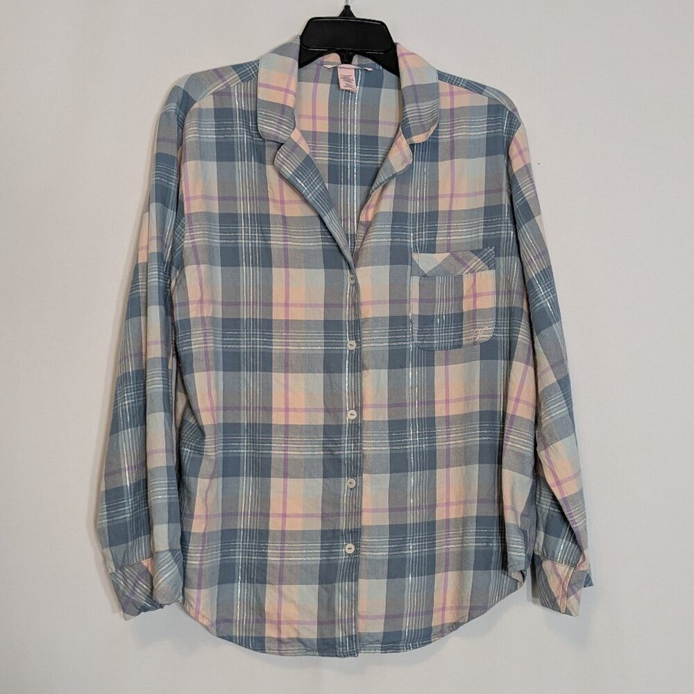 VICTORIA'S SECRET Blue/Pink Plaid Flannel Long Sleeve Button Night Shirt; Size L